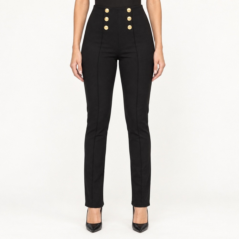 Zara Black High Waisted Nautical Gold Button Front Seam Skinny Leggings XS